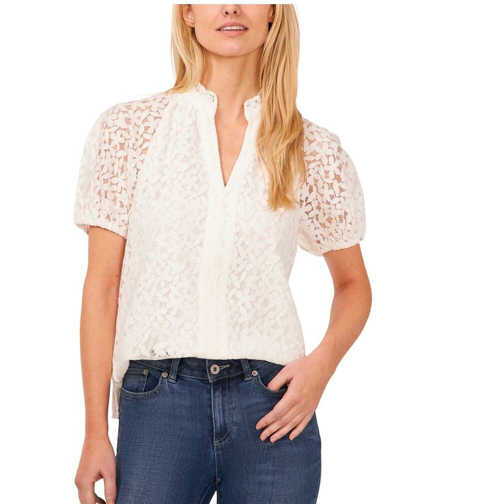 CeCe Women's Floral Lace Puff Sleeve Split Neck Top Romantic Sheer Lace Top M